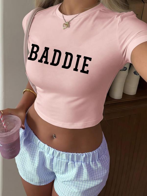 Women's Letter Print Round Neck Crop Tee, Fashion Casual Crew Neck T-shirt for Daily Holiday Vacation Outdoor Wear, Ladies Clothes for Summer, Tops, T Shirts for Women