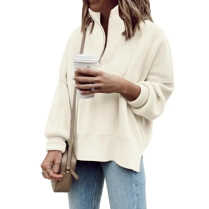 Women's Long Sleeve 14 Zip Oversized Ribbed Knit Tunic Sweater