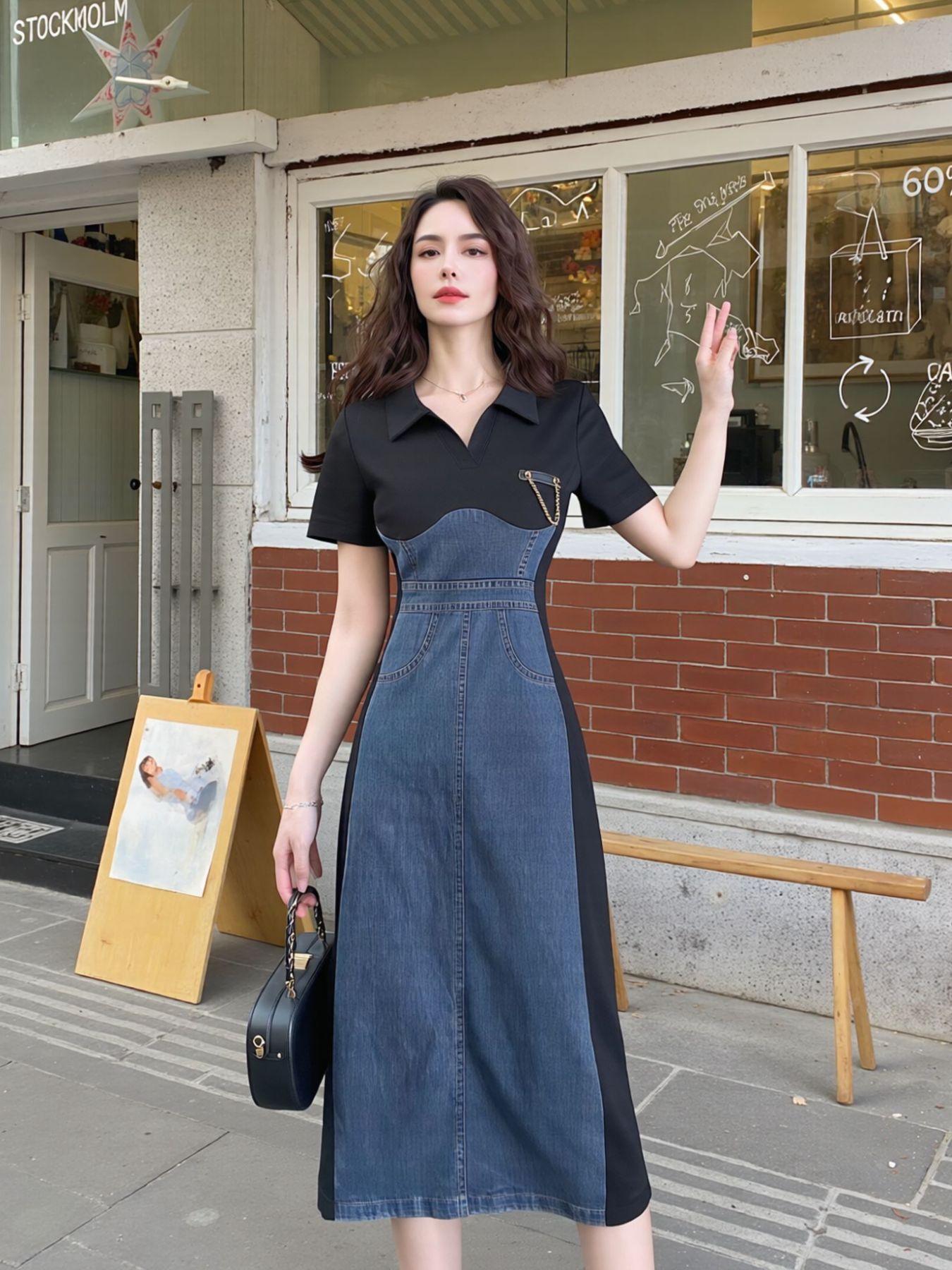 Full Size Color Block Denim Patchwork Bodycon Mini Dress Plus Size