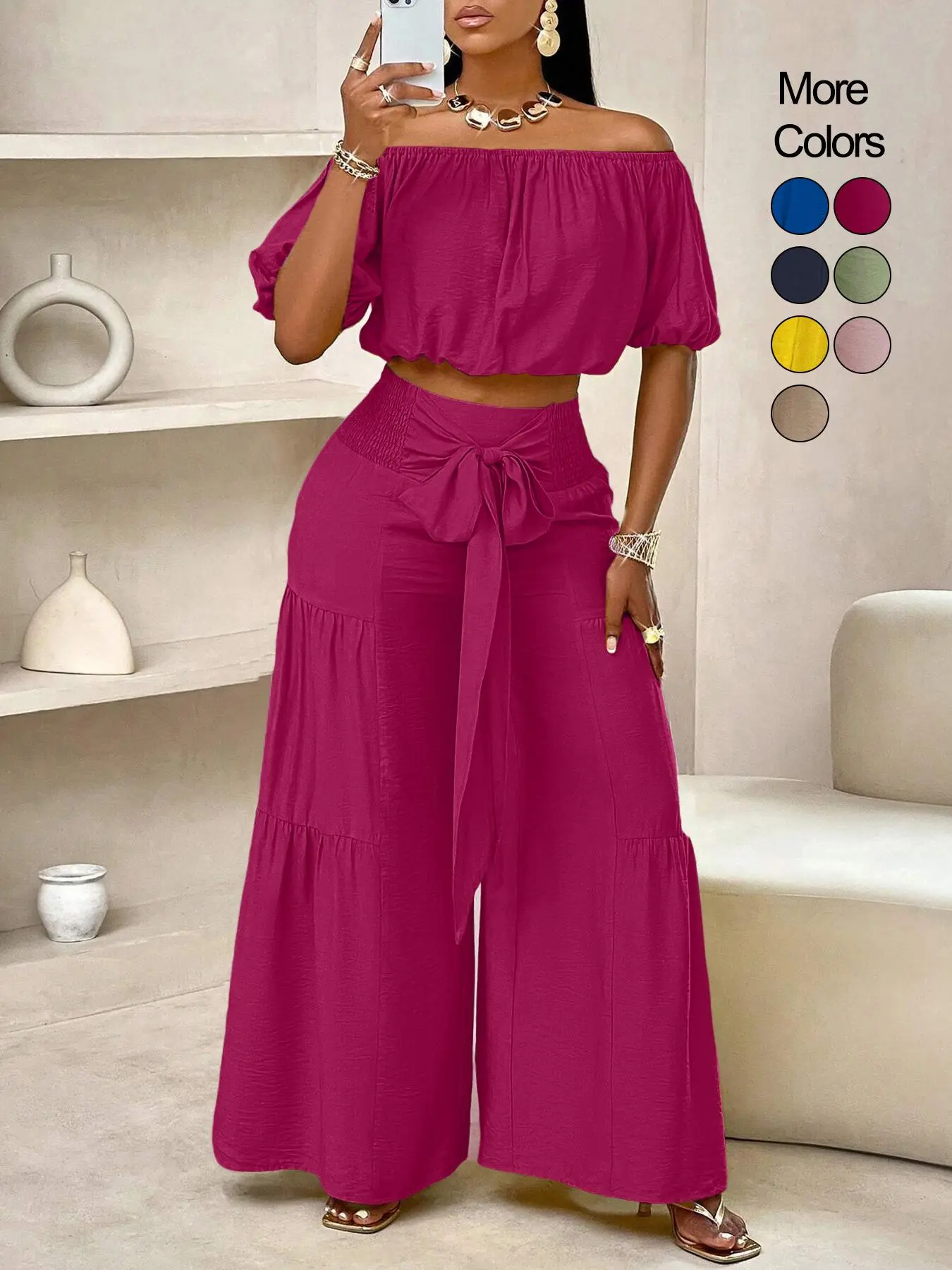 Summer Beach Vacation Bow Shoulderless Round Neck Shirt Wide Leg Pants Set