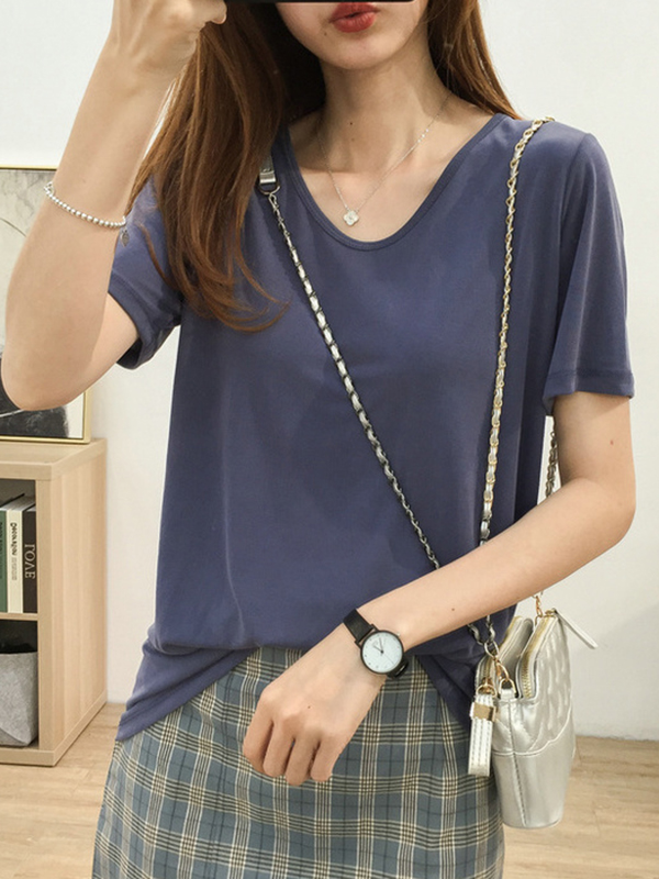 Solid Color Loose Short Sleeves U-Neck T-Shirts Tops