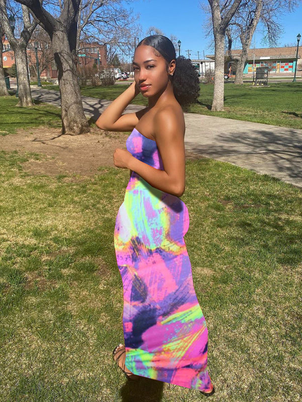 Tie-Dye Off-Shoulder Tube Top Bodycon Maxi Dress