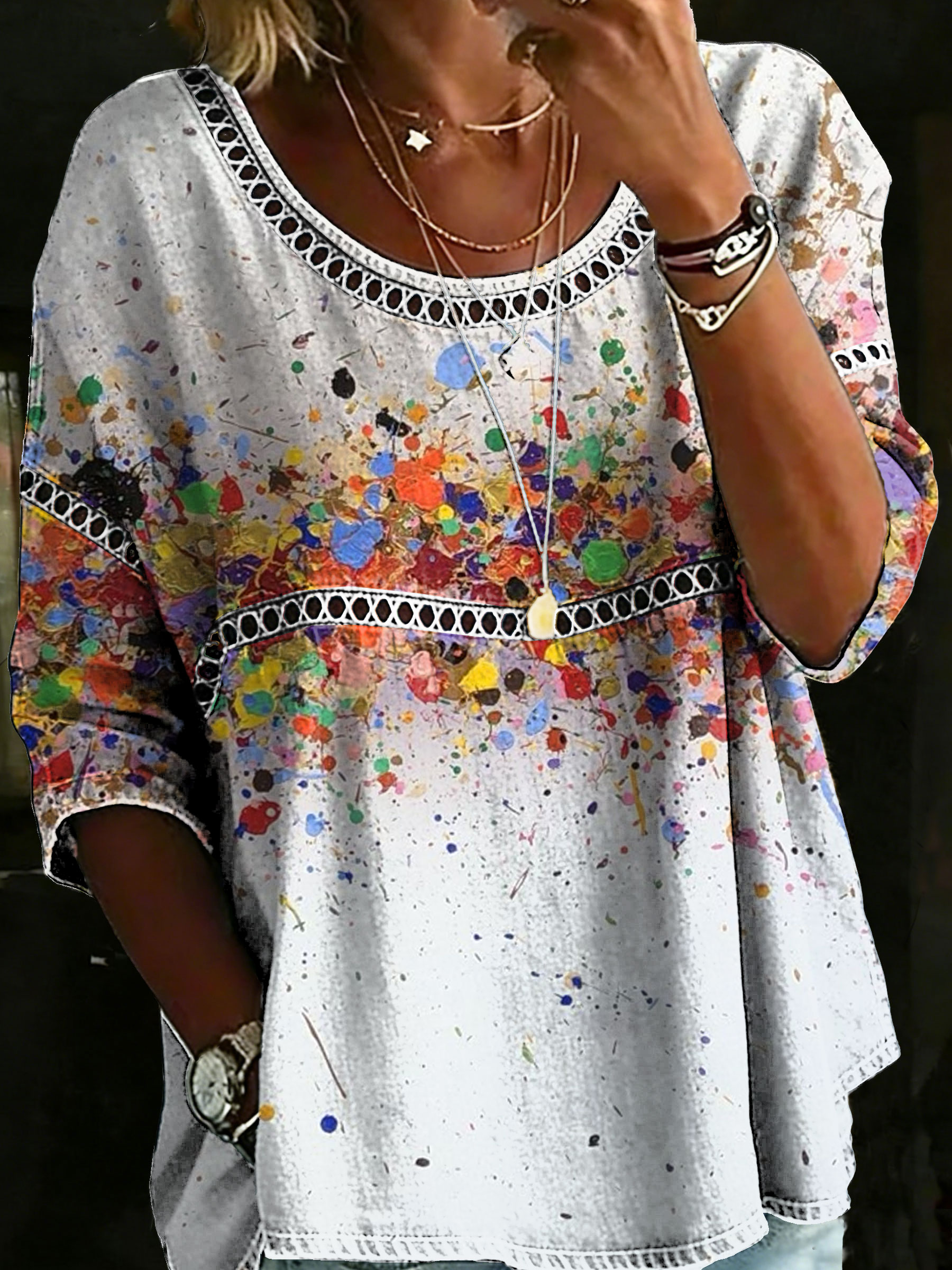 Women's Abstrct Casual Loose Denim Blouse Shirt