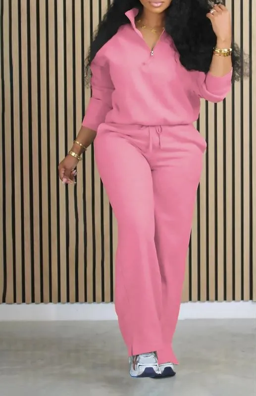 Women's Solid Half Placket Split Hem Pants Set