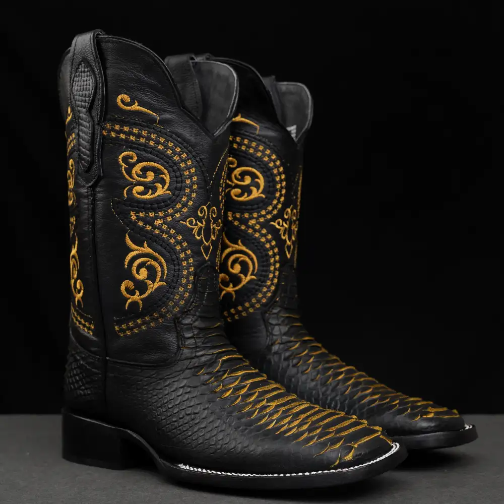 Black/Yellow Python Leather Boots - Square Toe