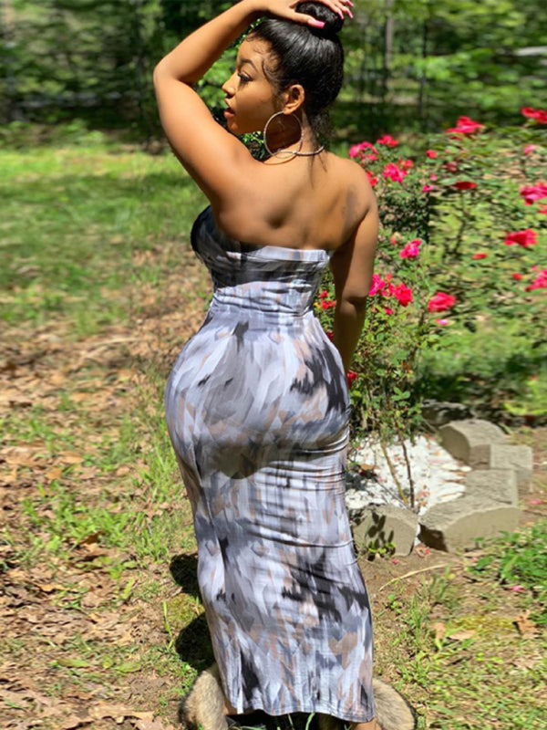 Tie-Dye Off-Shoulder Tube Top Bodycon Maxi Dress