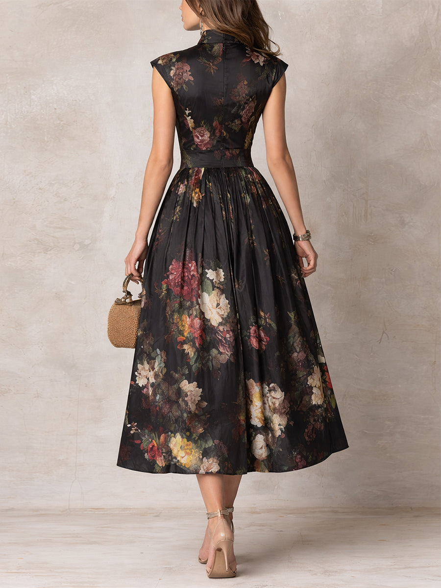 Black Keyhole Collar Floral Pleated Satin Midi Dress