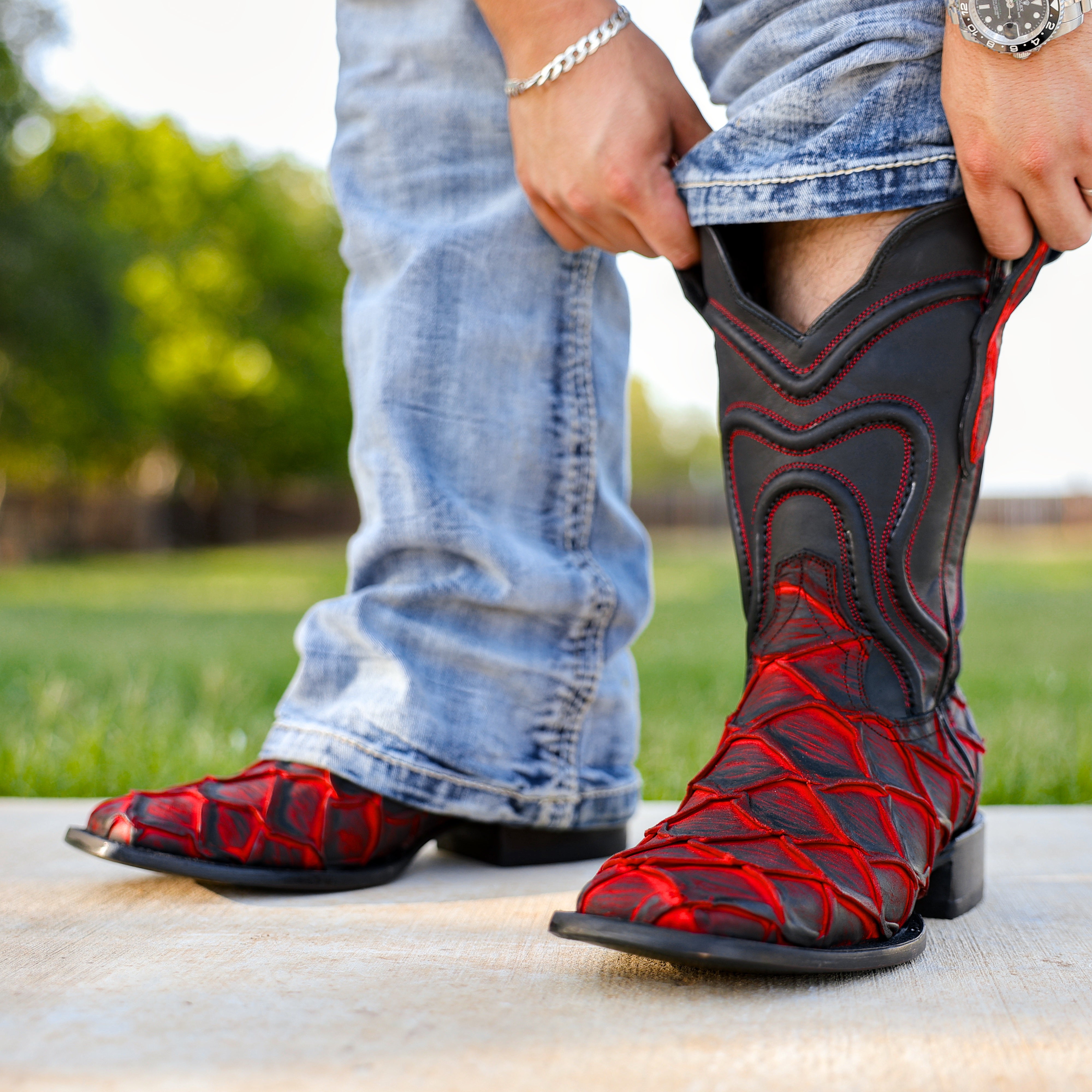 Matte Rustic Black Cherry Pirarucu Leather Boots - Square Toe