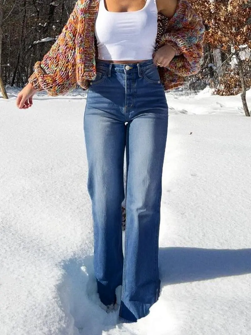 Women's Elastic Washed Casual Light Blue Wide-Leg Jeans