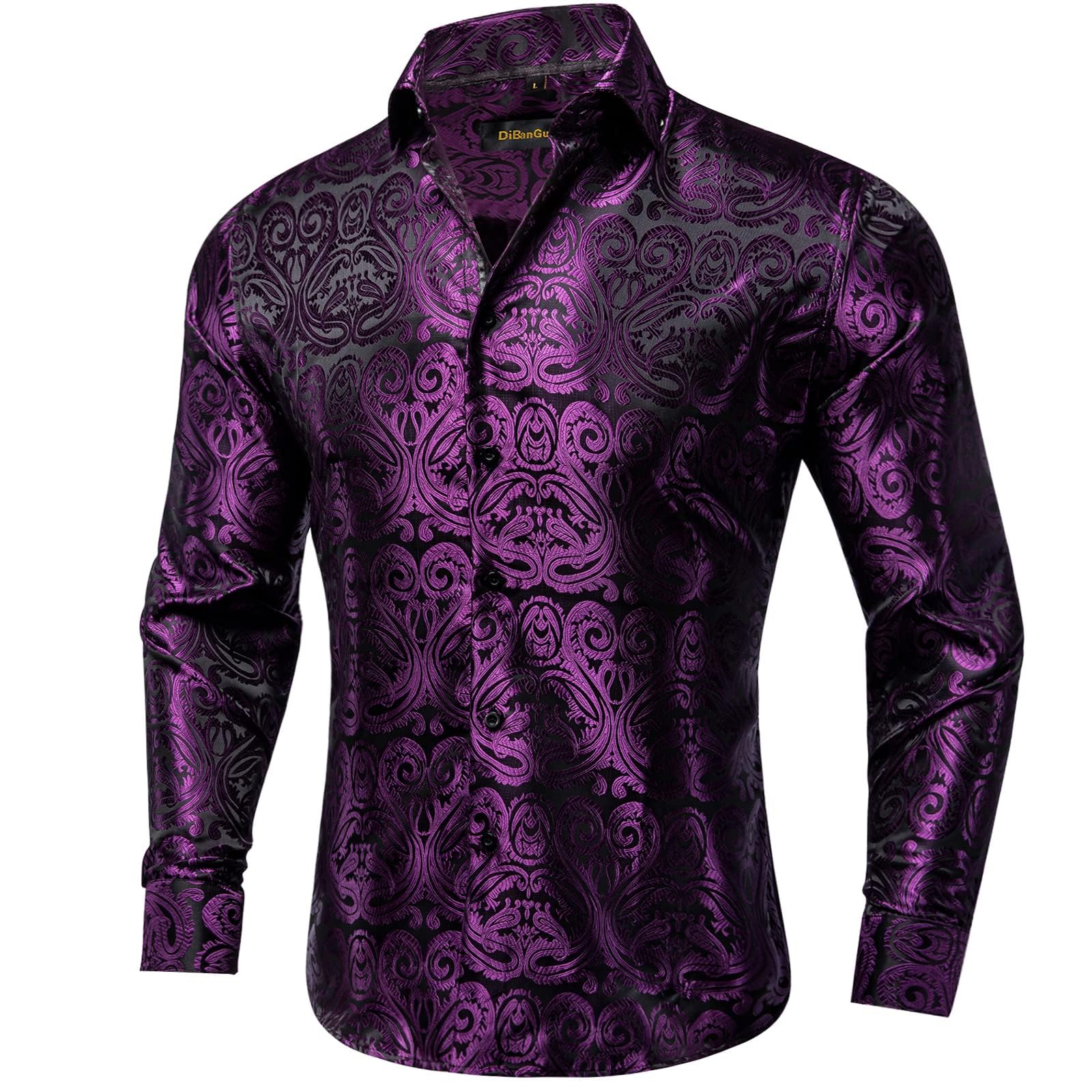 Men's Paisley Dress Shirt Long Sleeve Wrinkle Free Button Down Cowboy Shirts - Black&plum Purple&paisley