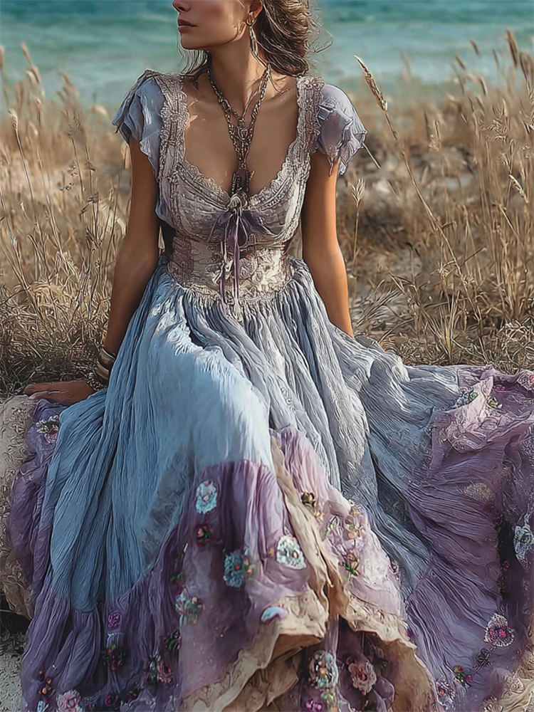 Boho Floral Embroidered Summer Fresh Flowy Linen Maxi Dress