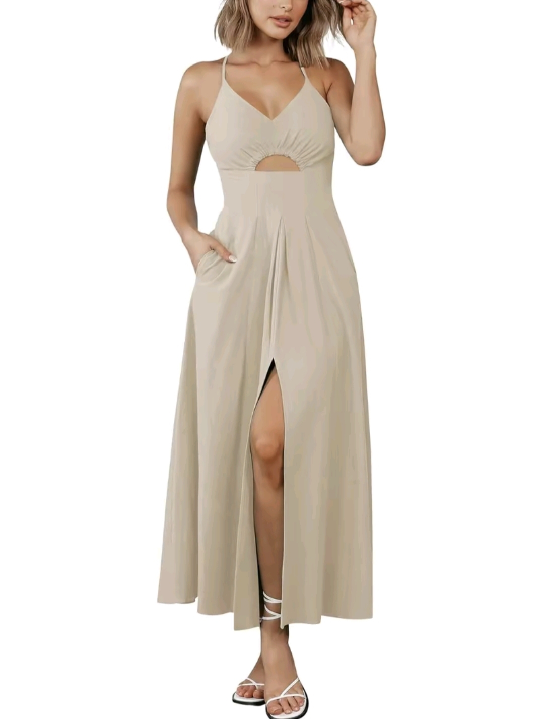 BTFBM Women's 2025 Summer Maxi Dress – Spaghetti Strap V-Neck Sleeveless Dress with Side Slit, Cutout Detail & Pockets | Casual Beach Party Outfit