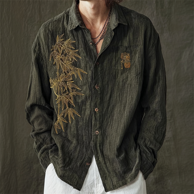 Men's Japanese Bamboo Golden Embroidered Linen Shirt