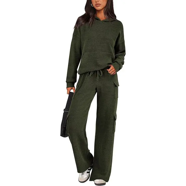 Women's Fall Knitted Hoodie Tracksuits Wide Leg Pants With Pocket Sets