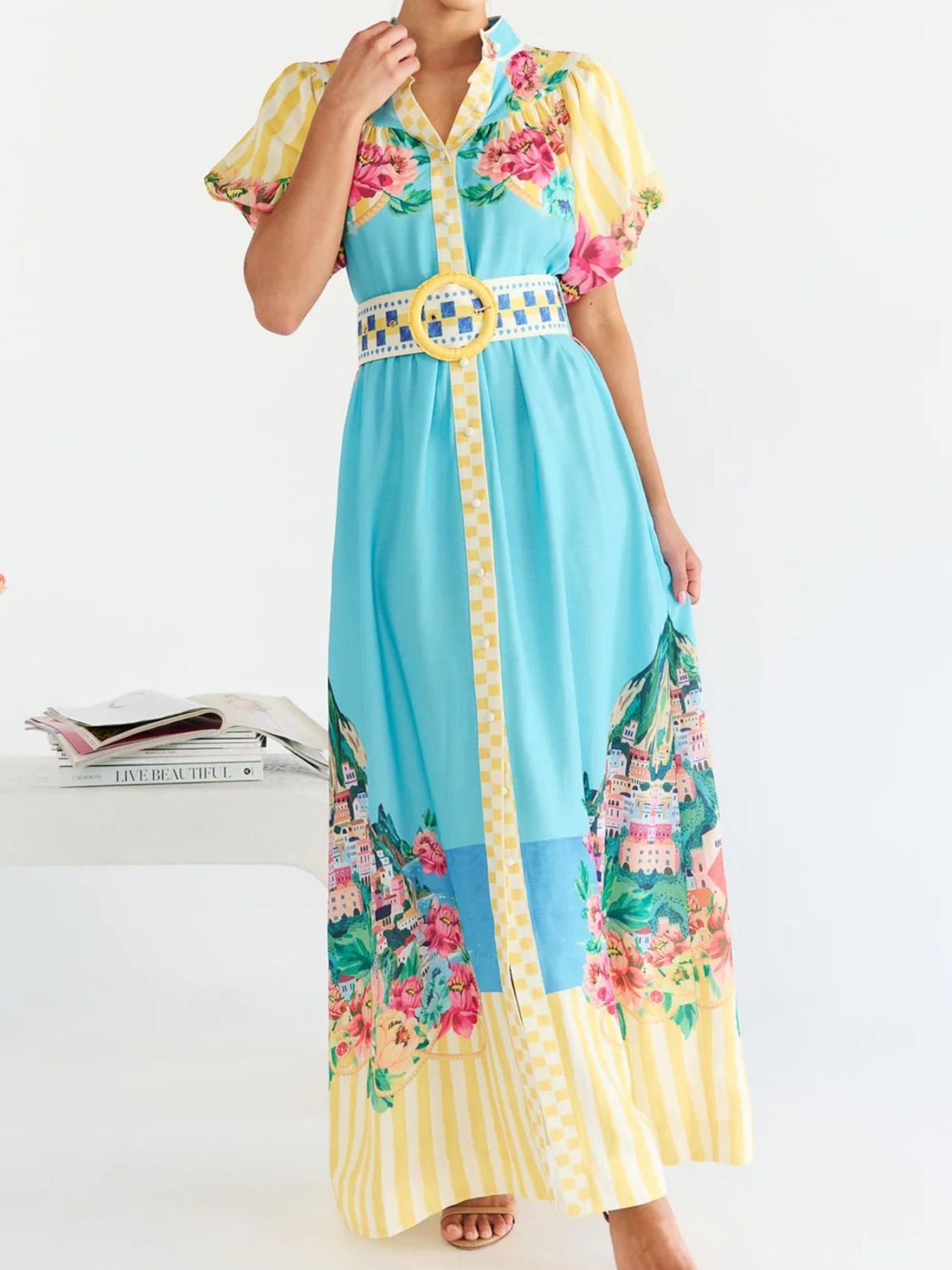 Printed Button Front Puff Sleeve Maxi Dress