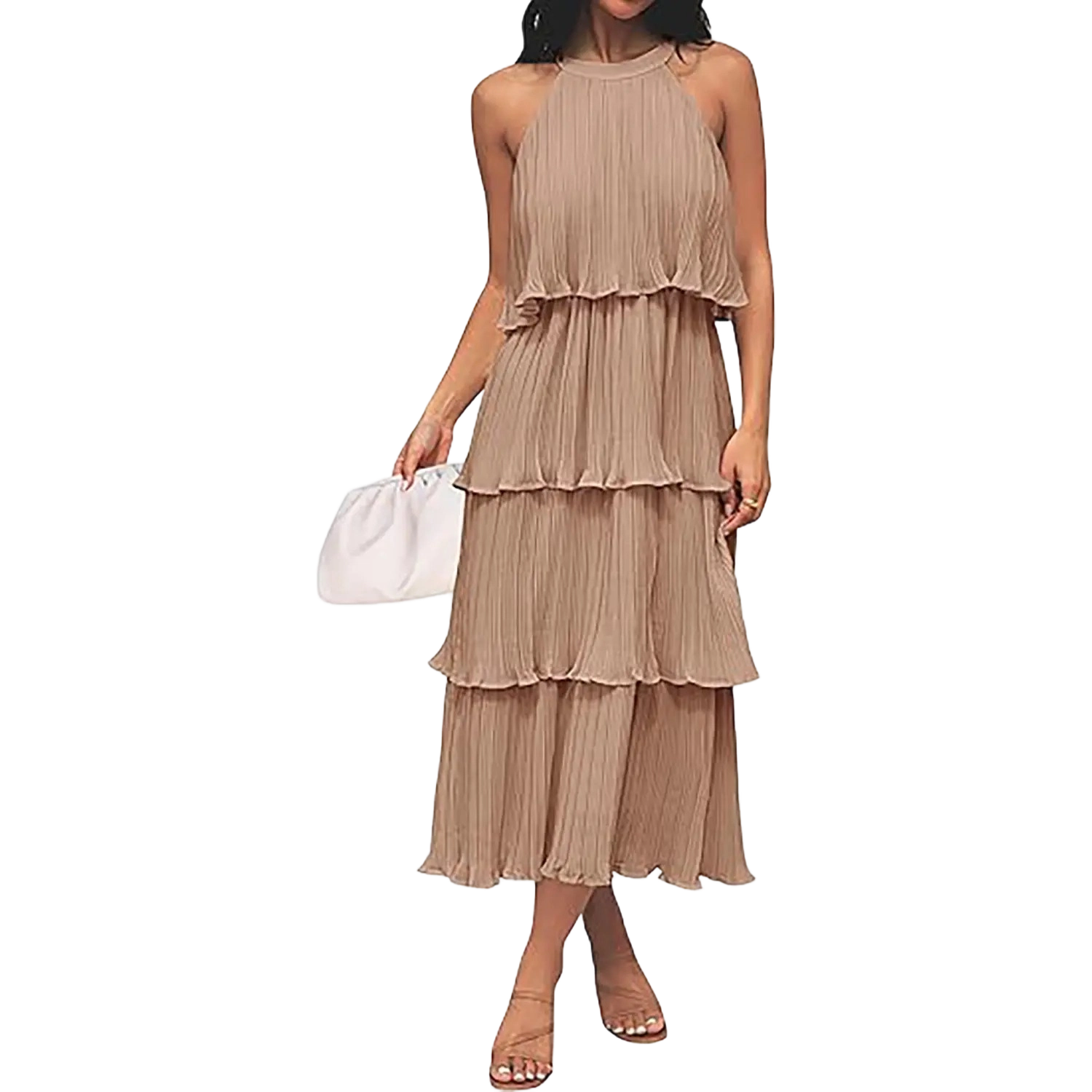 Women's Halter Neck Tiered Ruffle Chiffon Midi Dress