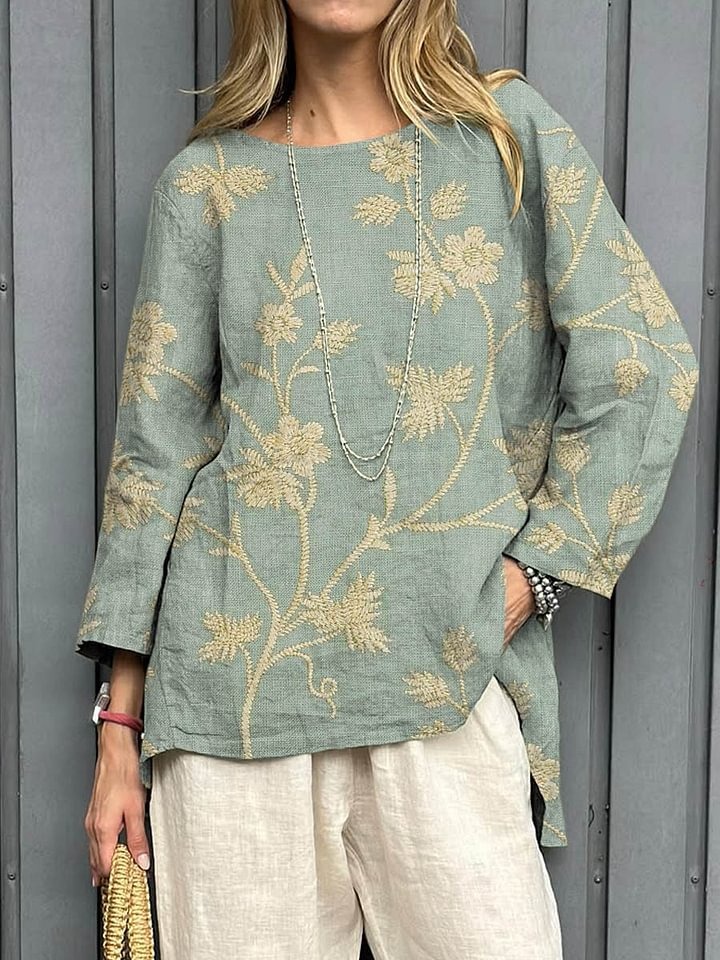 Women's Retro Floral Art Print Casual Cotton Casual Blouse