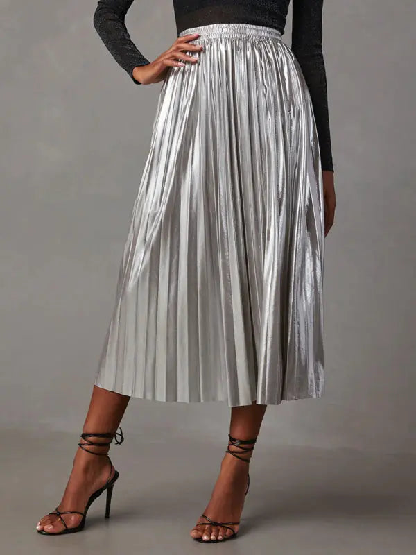 Shiny Pleated High-Waisted A-Line Midi Skirt