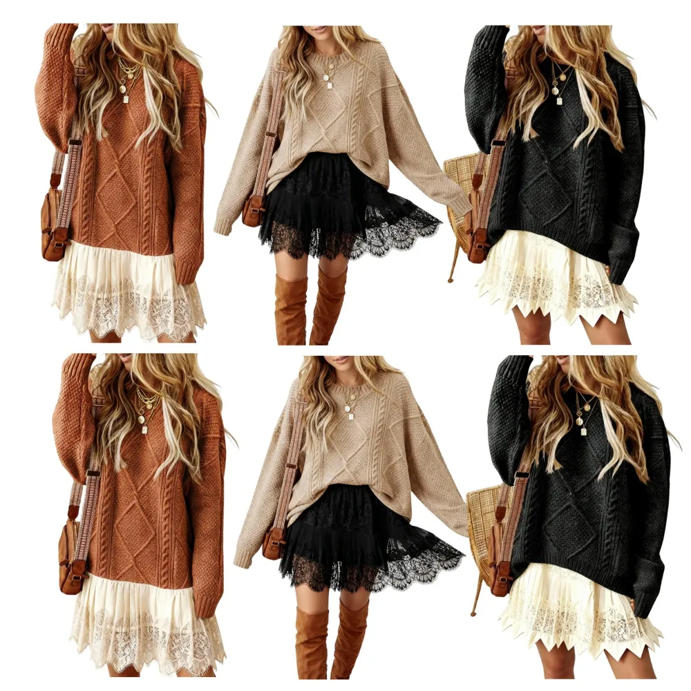 2025 Women's Cable Knit Lace Mini Sweater Dress 2PC