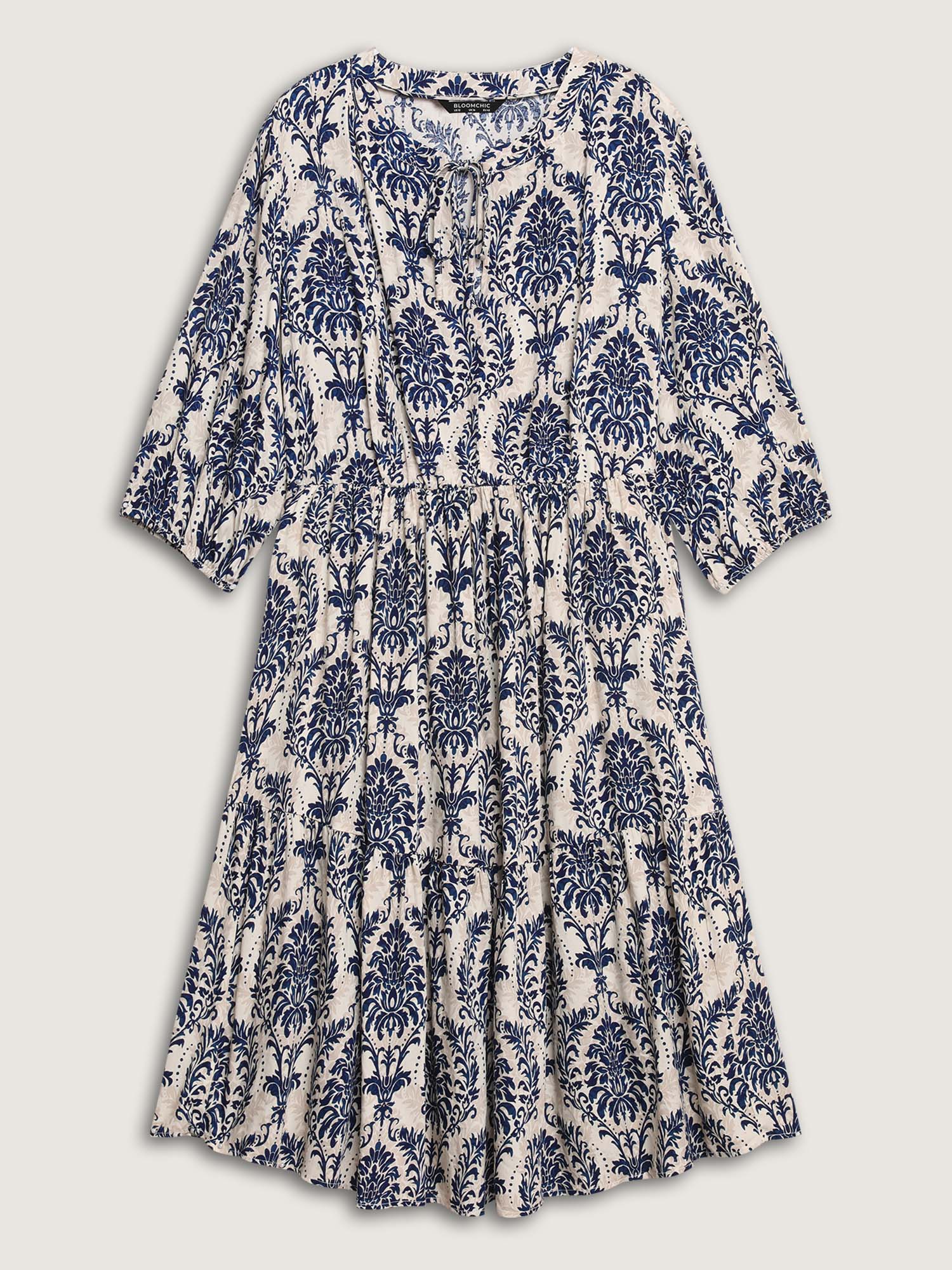 Damask Print Tie Knot Puff Sleeve Dress