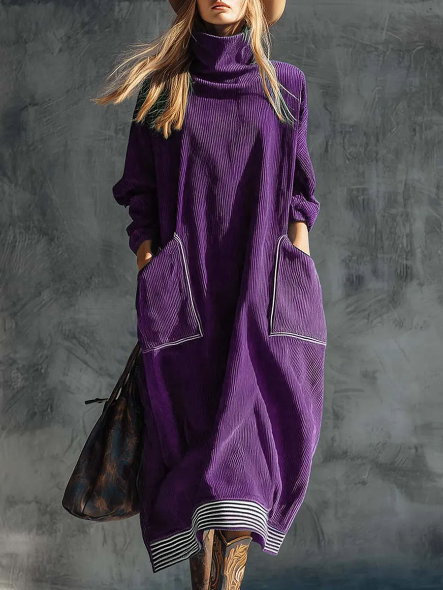 Women's Solid Color High Neck Long Sleeve Casual Loose Pocket Dress