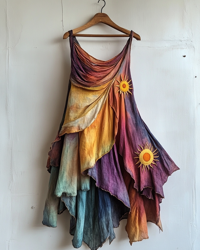 Handmade color block sun rainbow irregular dress d6d3
