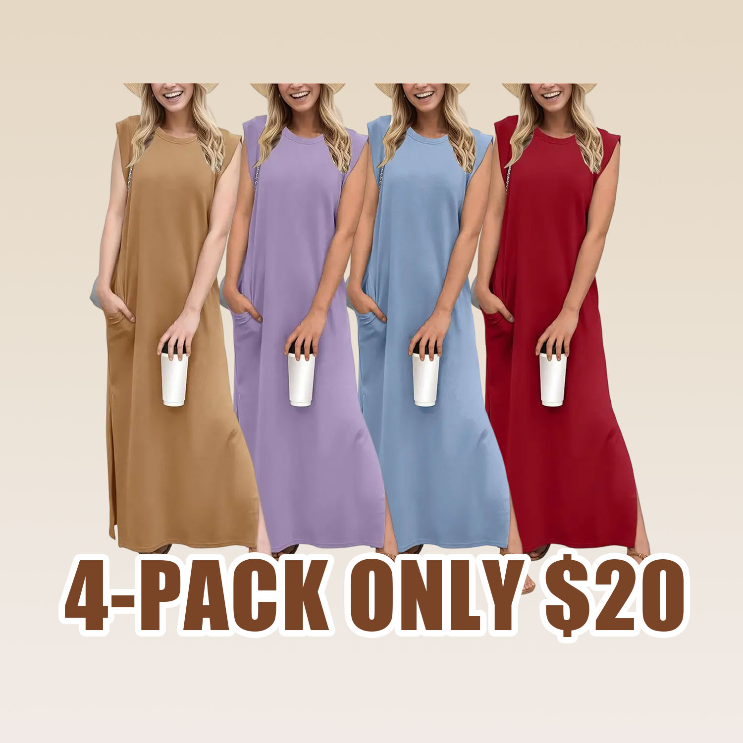 2026 Women Summer Round Neck Casual Loose Split Wrinkle-Free Long Maxi Vacation Dress with Pockets