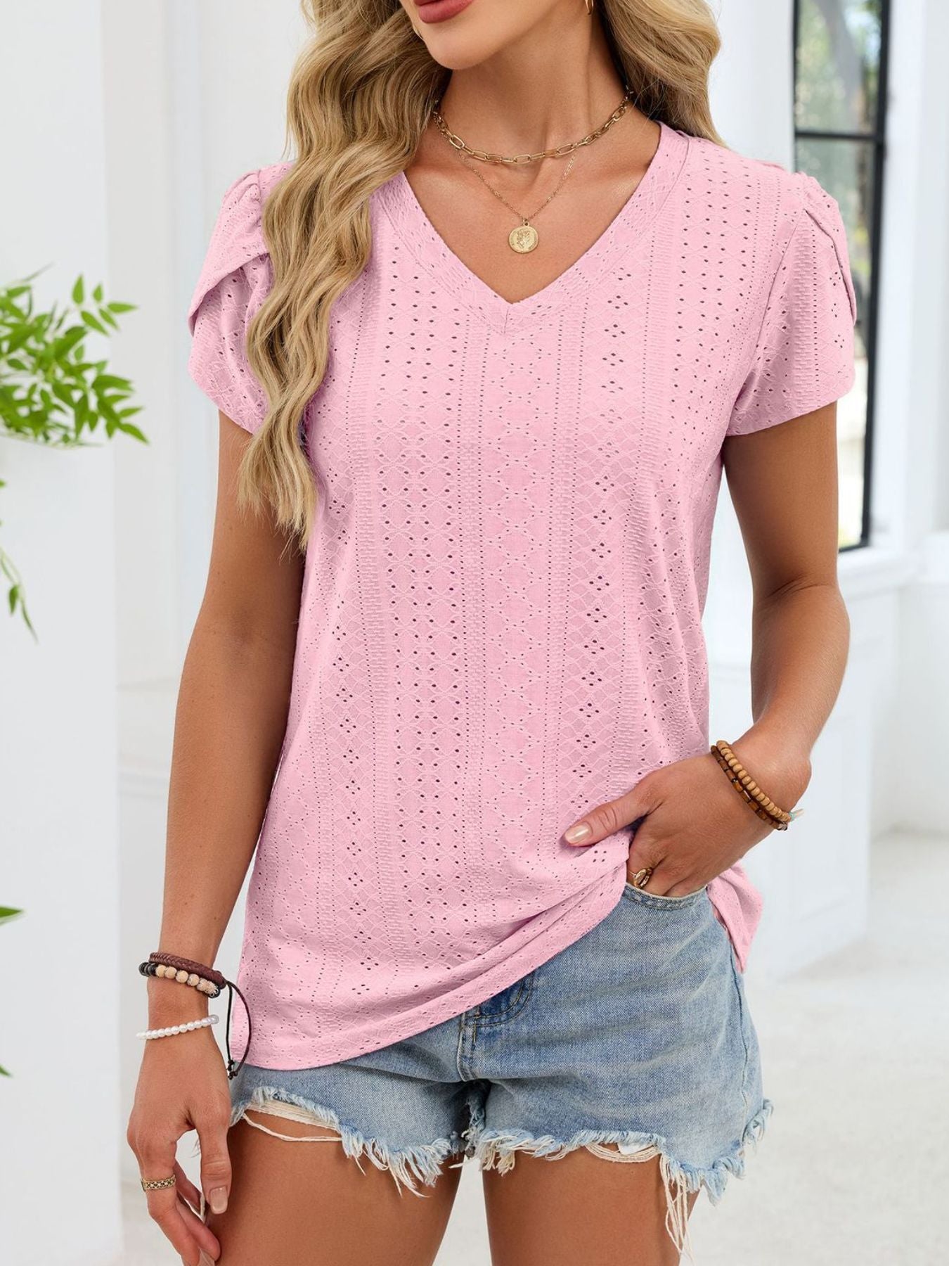 Eyelet Petal Sleeve V-Neck T-Shirt