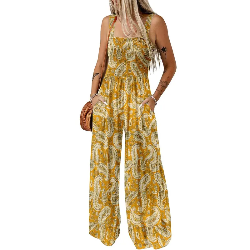 Women's Casual Loose Overalls Jumpsuits One Piece Sleeveless Printed Wide Leg Long Pant Rompers With Pockets Bohemian Womenswear
