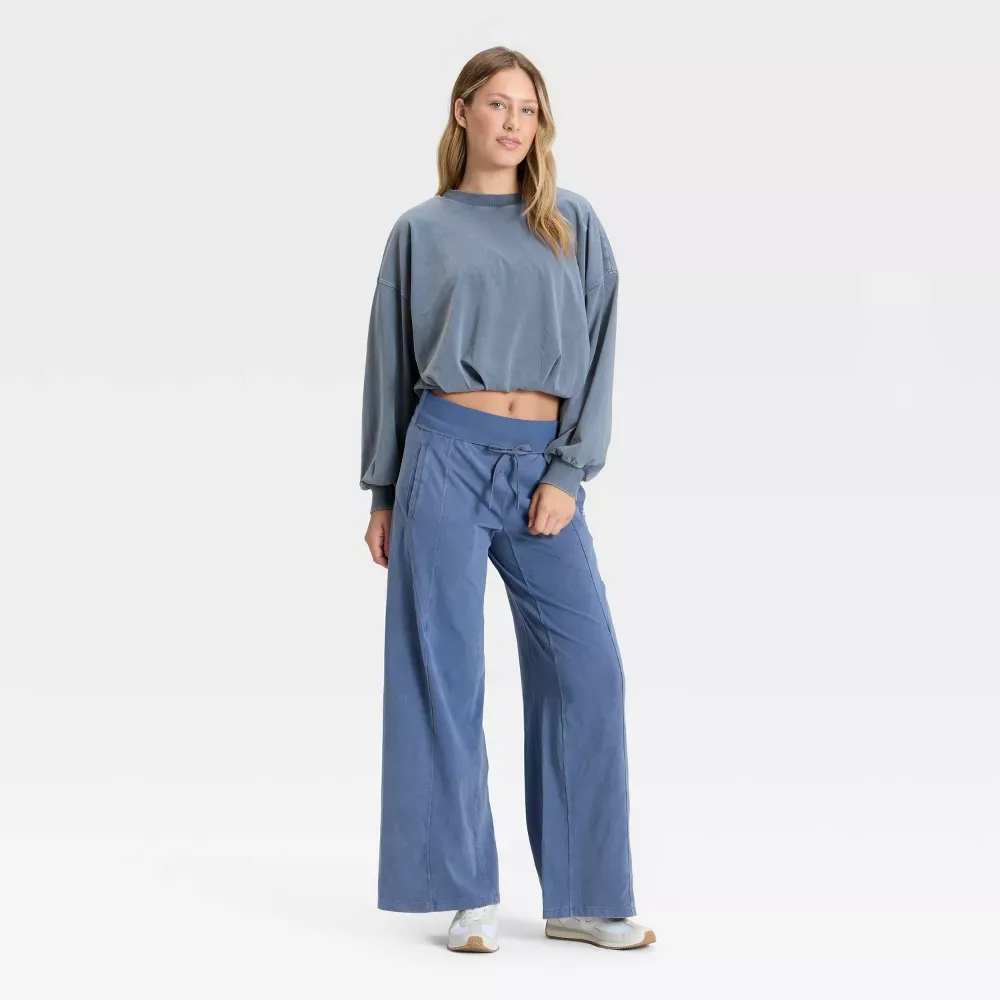 Women's Bubble Hem Long Sleeve Top & Wide Leg Pants Set