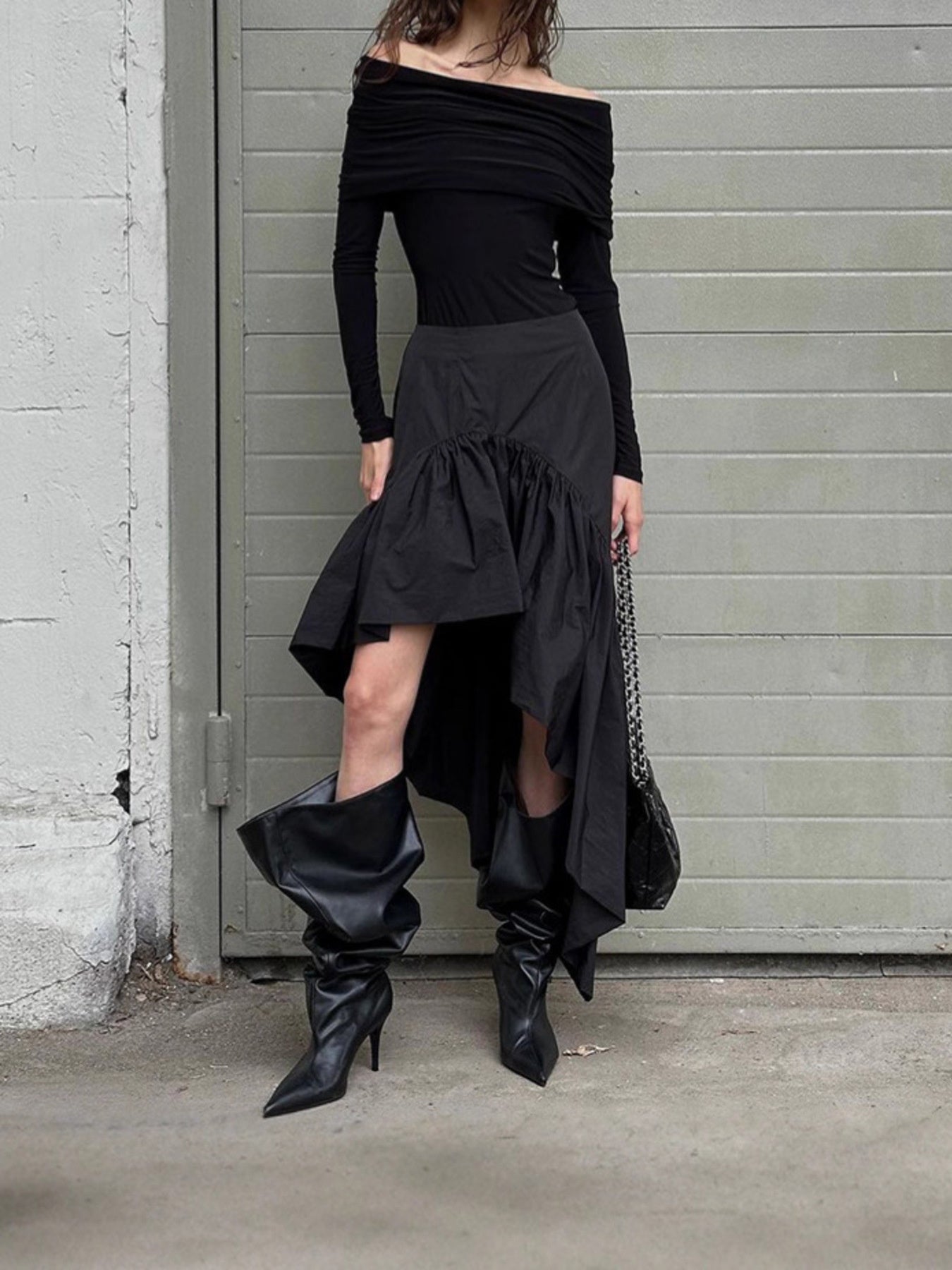 Asymmetrical Ruffle Hem Midi Skirt