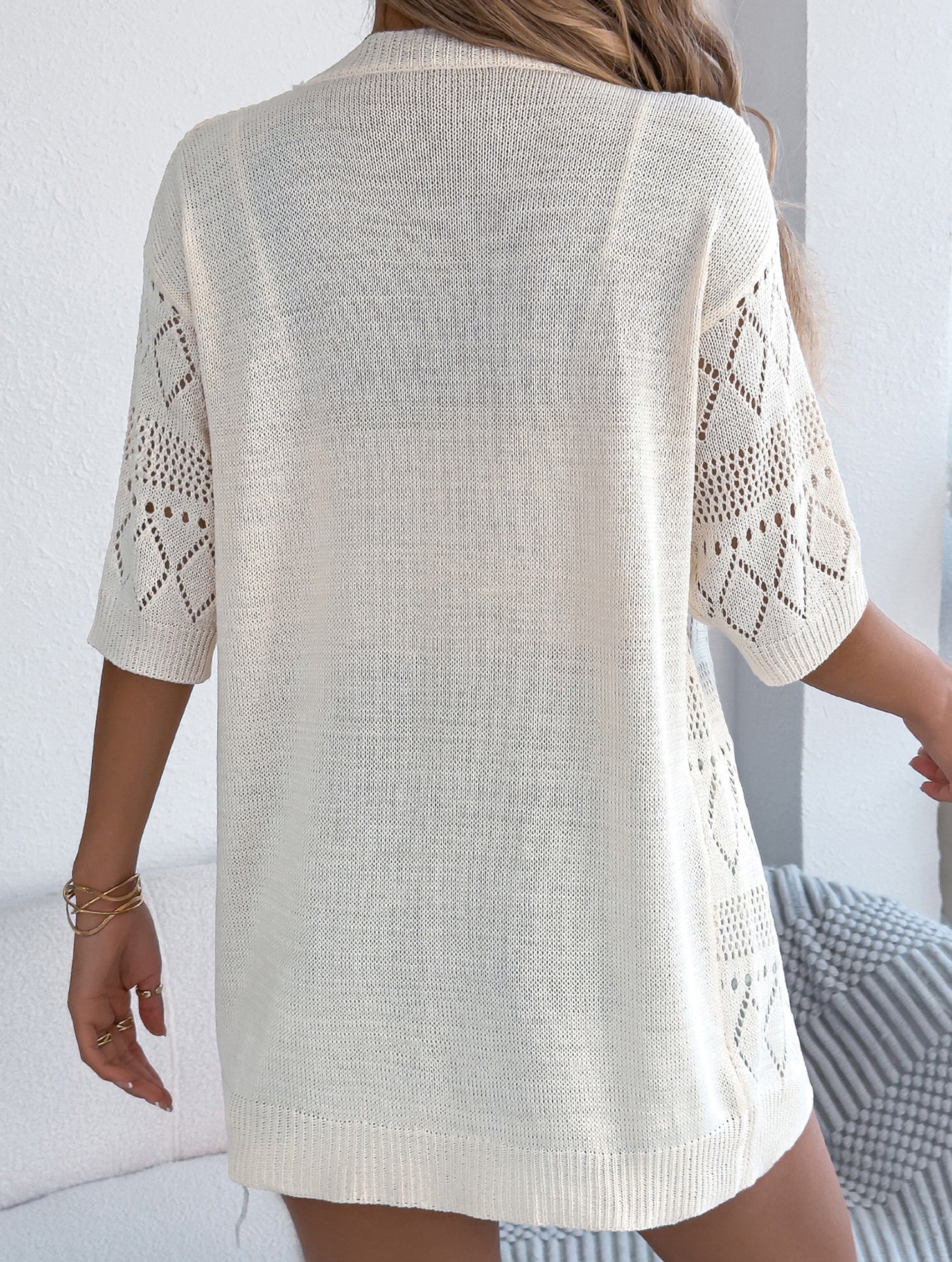 Solid Hollow Mid Sleeve Knit Cardigan