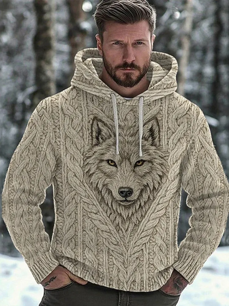 Men's Vintage Wolf Head Celtic Knot Print Hooded Sweater