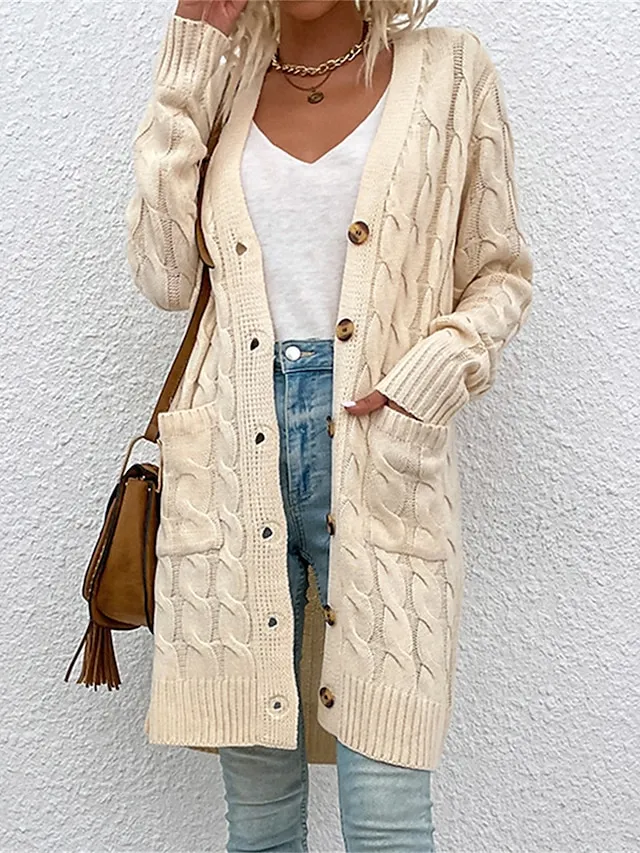 Women's Cardigan Sweater Cowl Cable Knit Faux Fur Button Pocket Summer Fall Long Daily Holiday Going out Stylish Casual Soft Long Sleeve Solid Color Black Yellow Light Green S M L