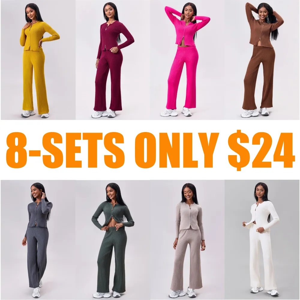 Women's Comfy Solid Color Ribbed Zip-Up Sweater & Wide Leg Trousers Co-ord