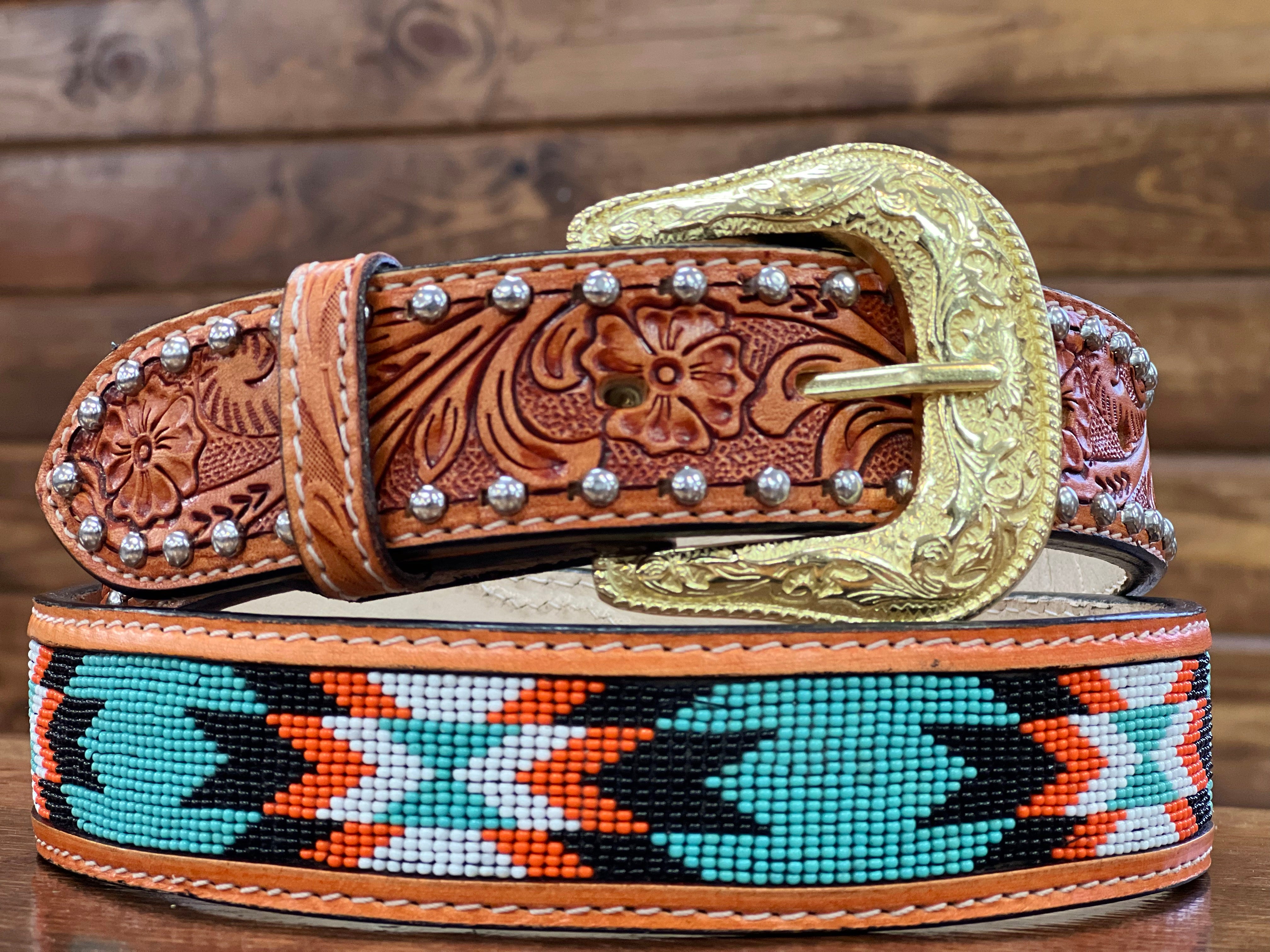 Cognac Artesanal Tabs With Turquoise & Orange Beaded Belt