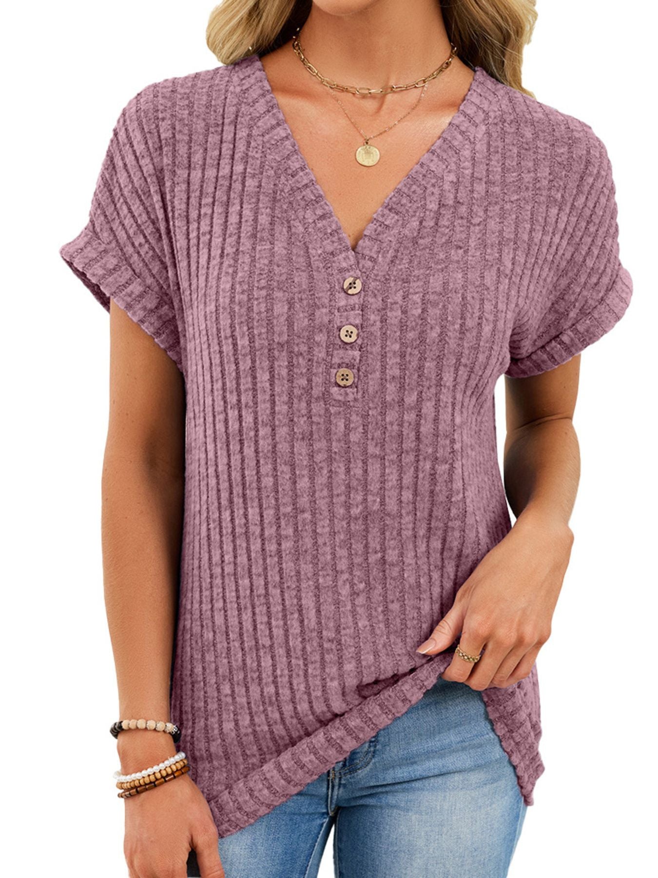 Ribbed Knit V-Neck T-Shirt