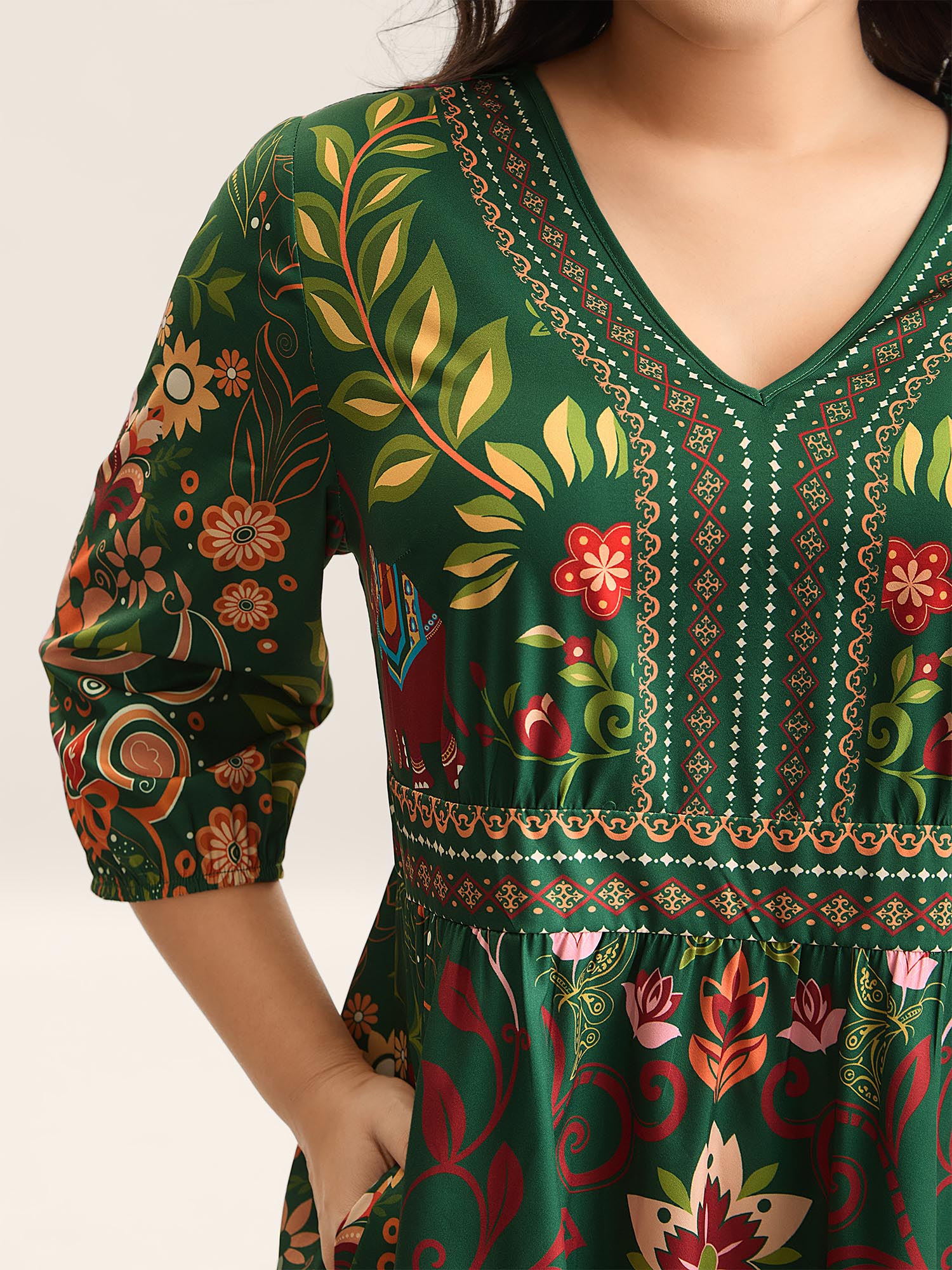 Boho Print V-Neck Pockets Mini Dress