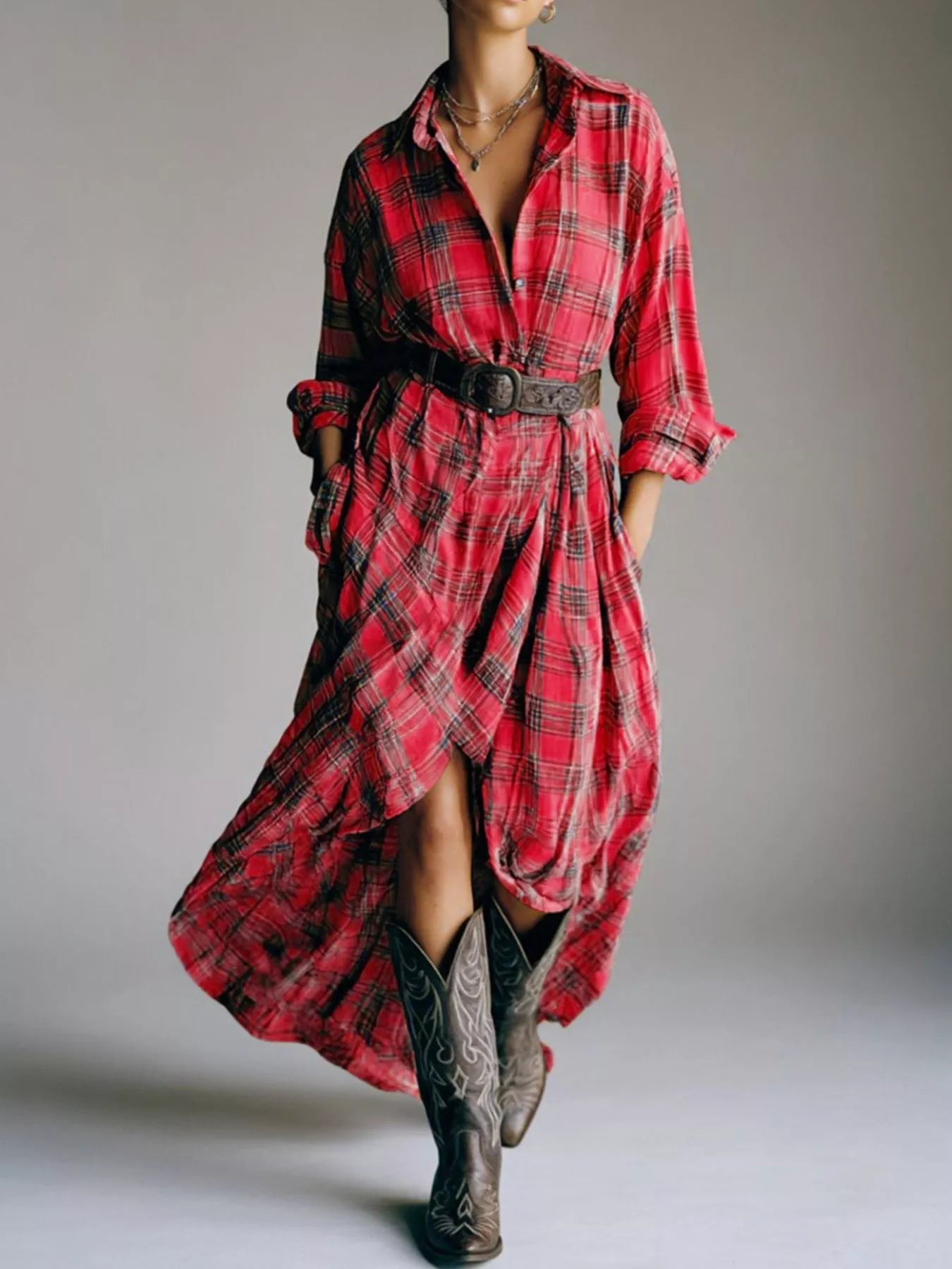 Full Size Plaid High-Low Long Sleeve Shirt Dress Plus Size