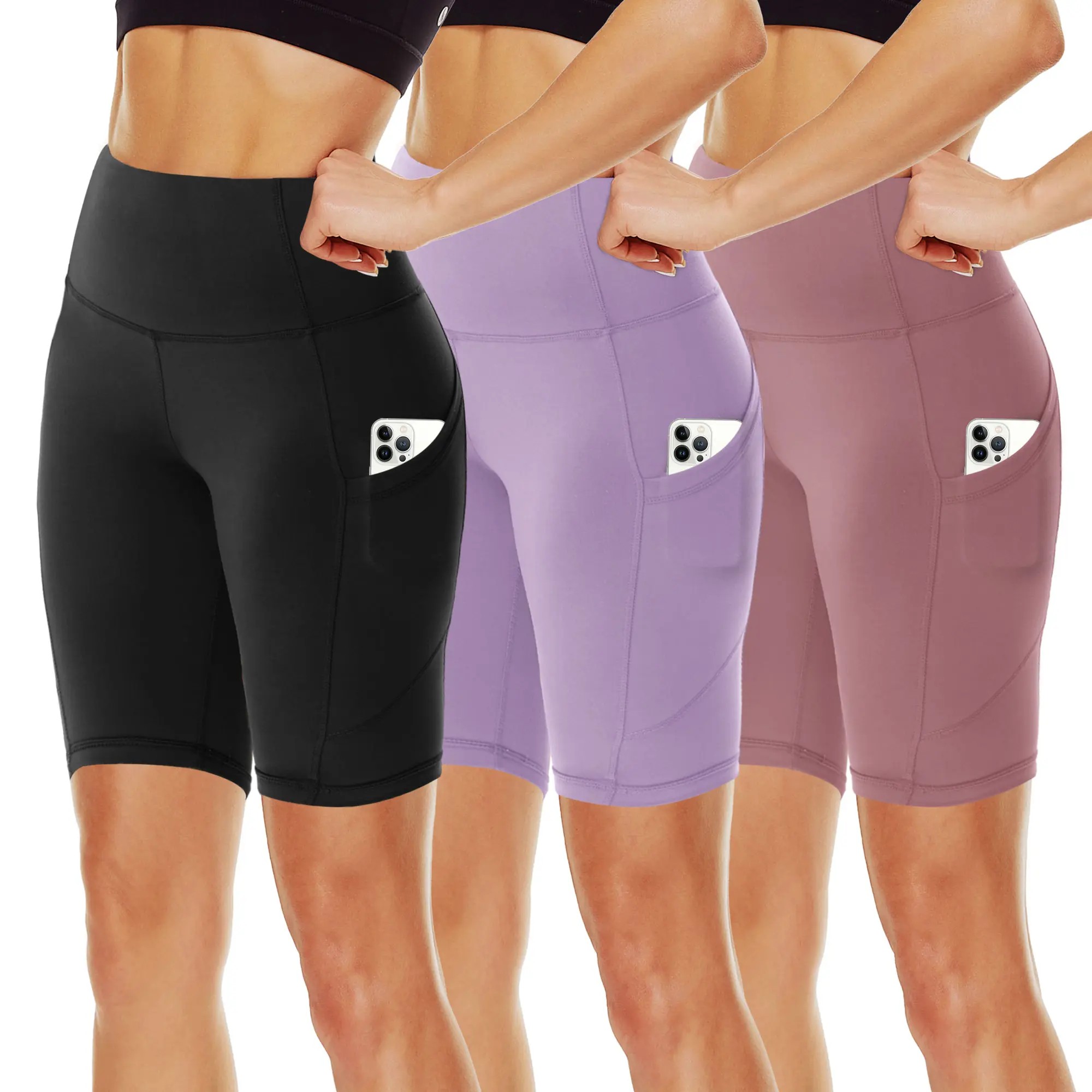 Women's High Waisted 1/3 Pack Biker Shorts with Pockets, 5