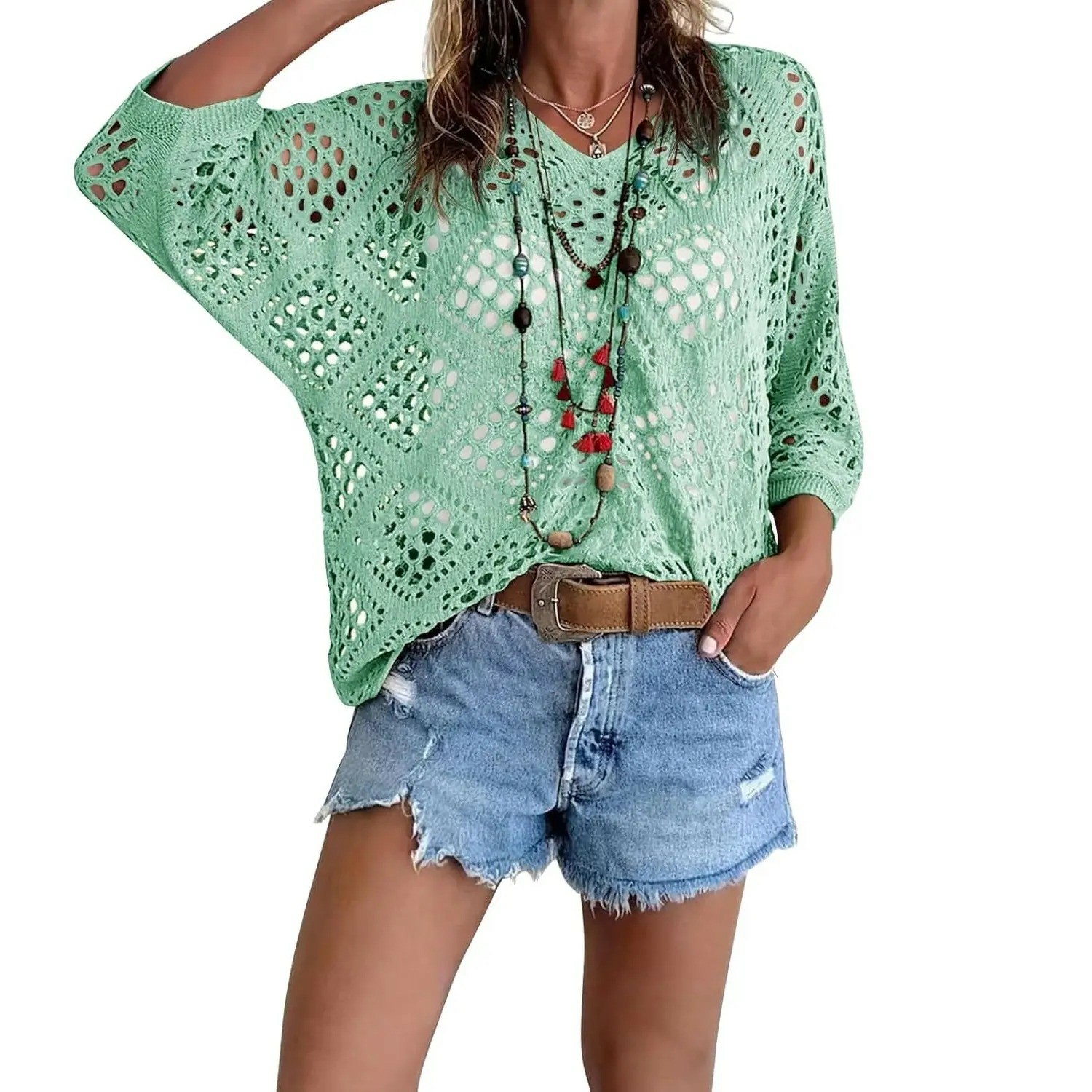 Women's Bohemian-Inspired Beige Crochet Top with V-Neck