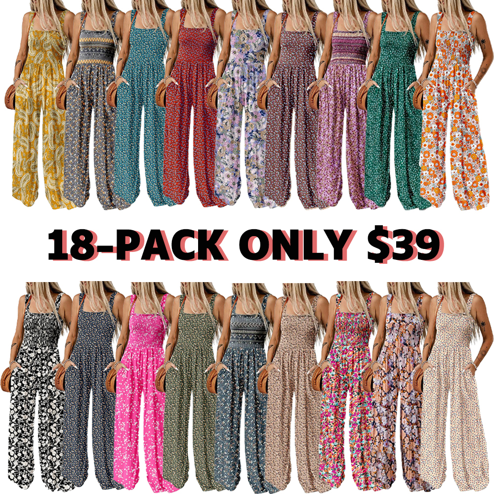 Women's Casual Loose Overalls Jumpsuits One Piece Sleeveless Printed Wide Leg Long Pant Rompers With Pockets