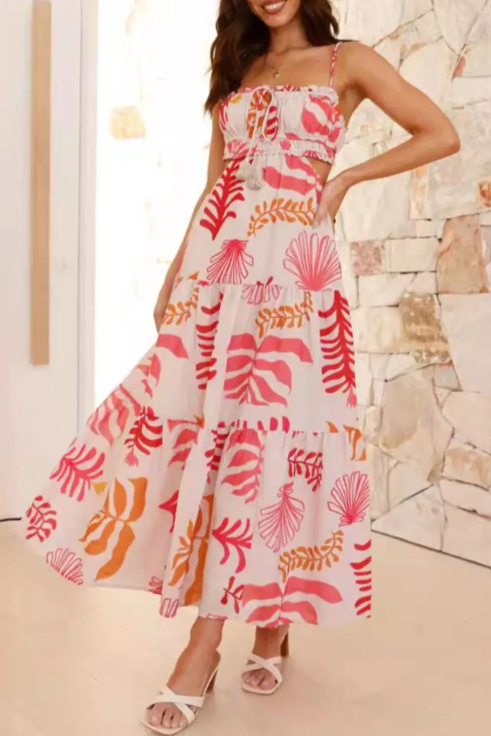 Cutout Printed Sleeveless Midi Cami Dress