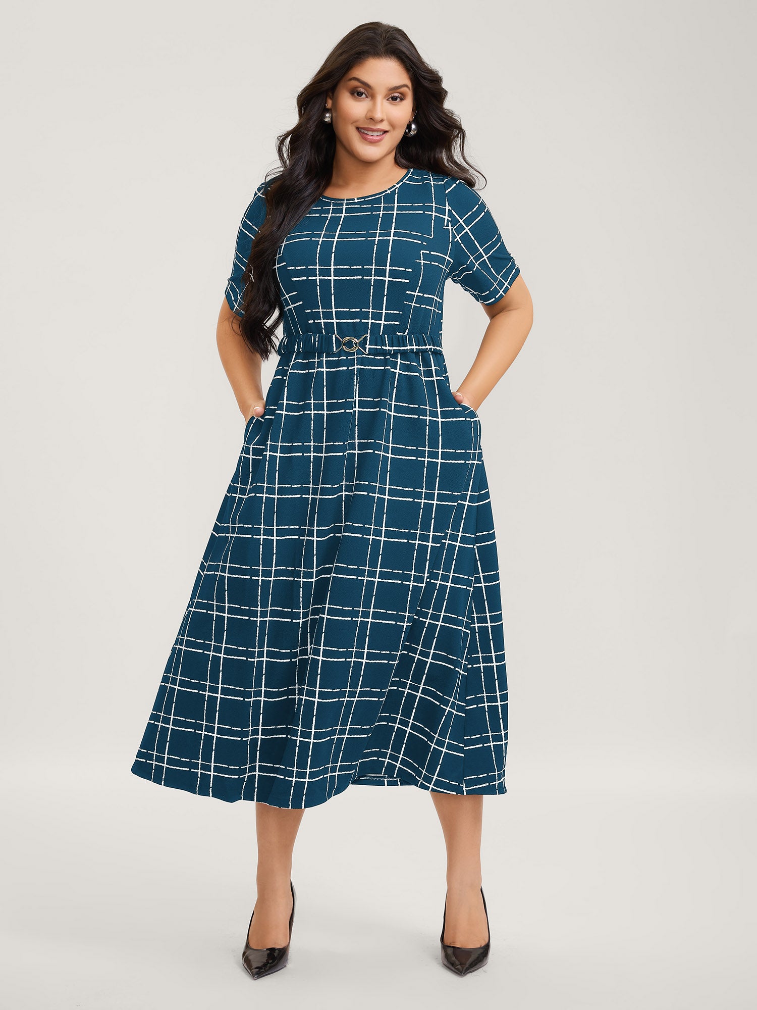 Grid Print Knit Belted Midi Dress
