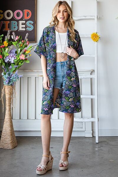 Full Size Half Sleeve Floral Open Cardigan Plus Size
