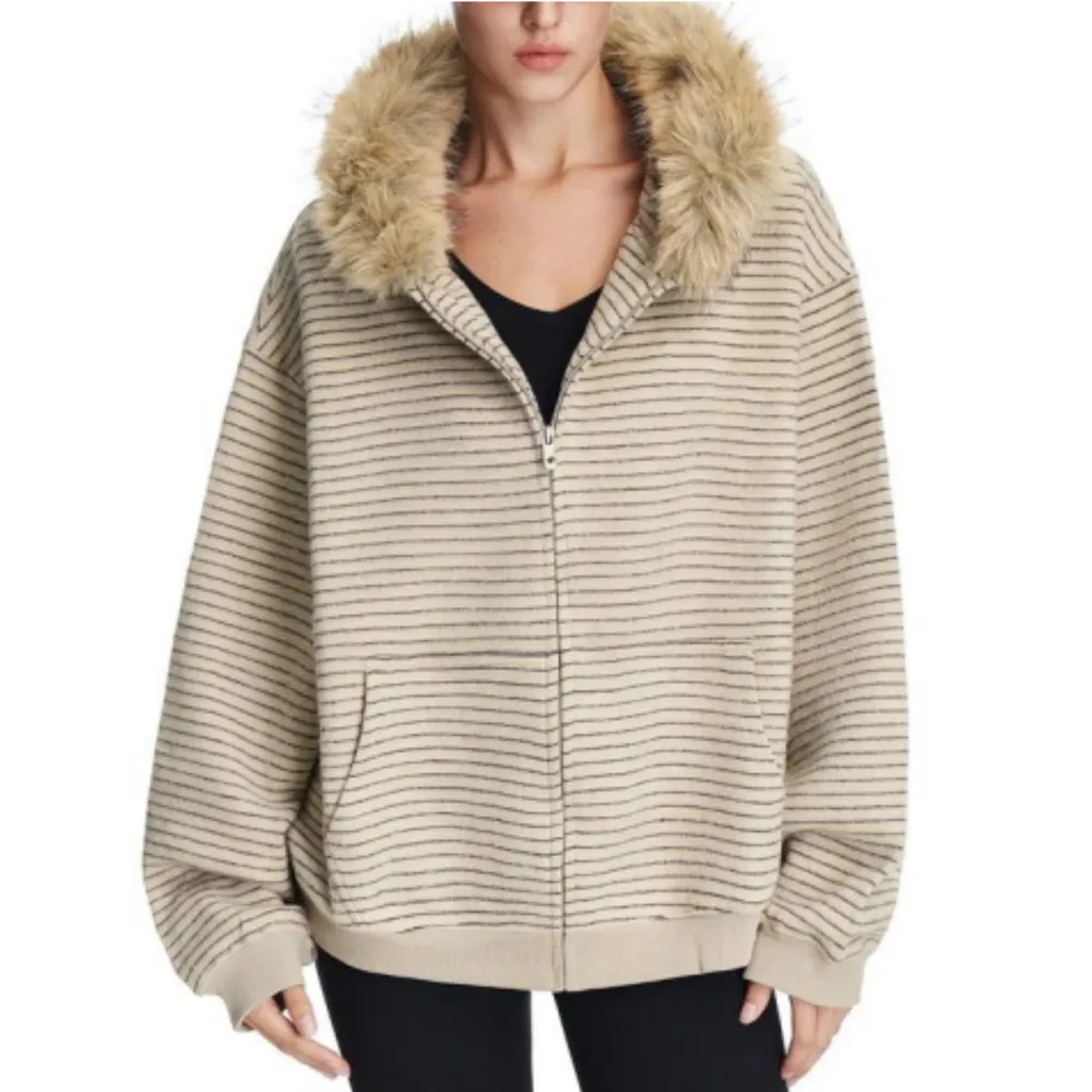Women’s Striped Fur Collar Zip Hoodie