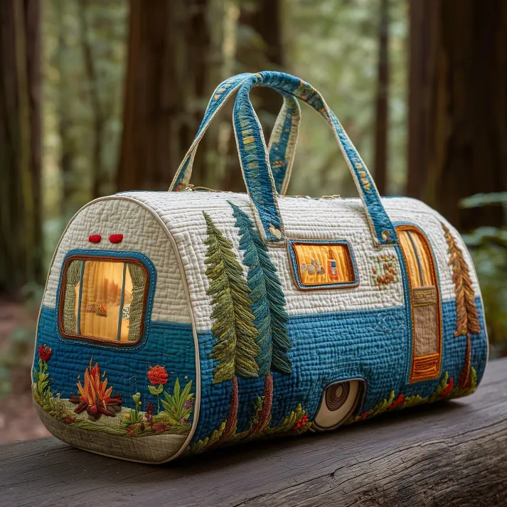 🏕️ Forest Camper Quilted Duffle Bag 🌲✨ – Cozy Vintage RV Travel & Weekender Bag 🧳🚐
