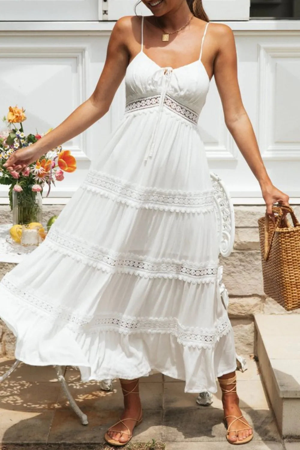 Lace Detail Smocked Midi Cami Dress