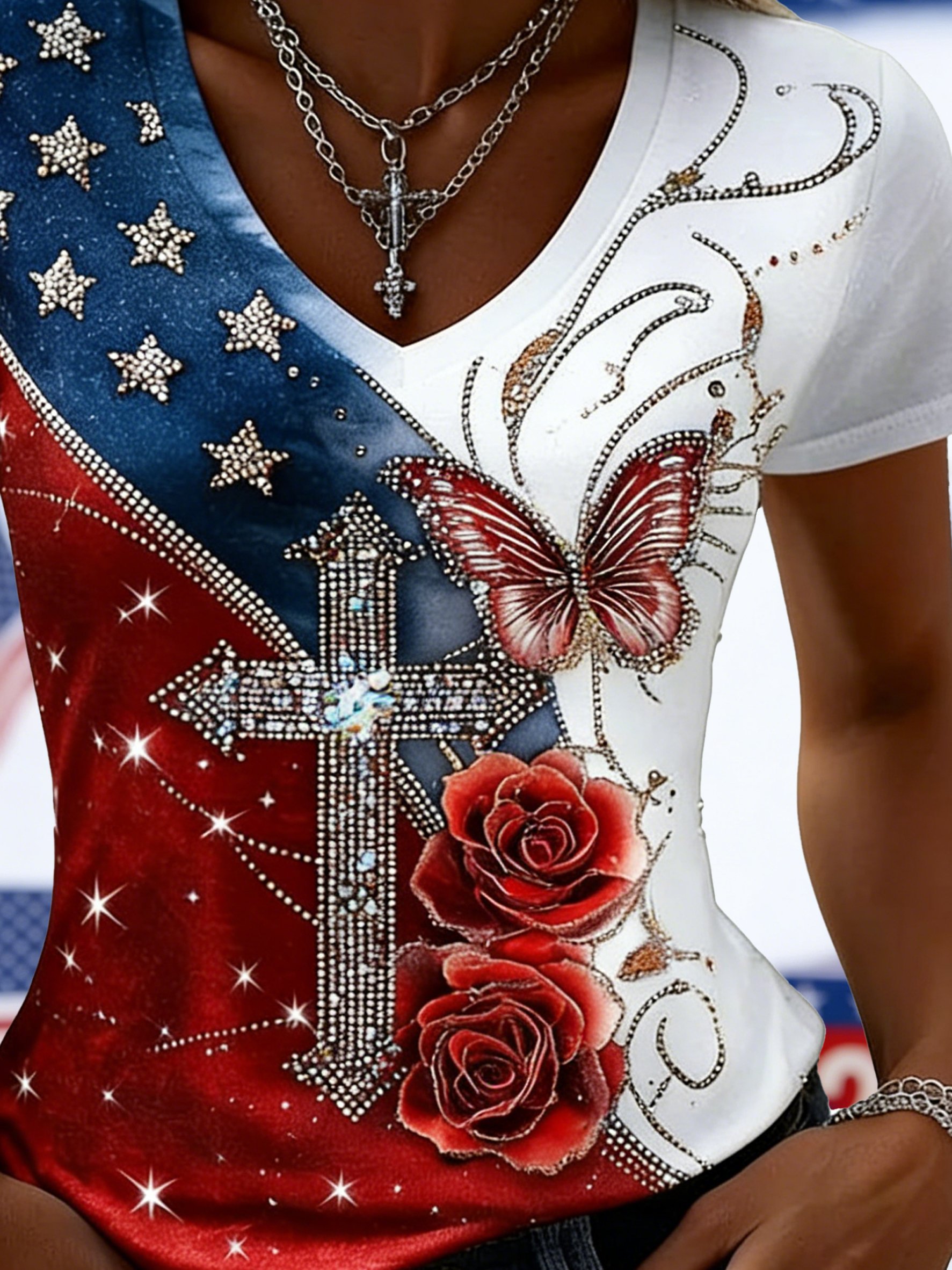 Vintage 3D Printing America Flag Floral Short Sleeve V Neck Casual T-Shirt