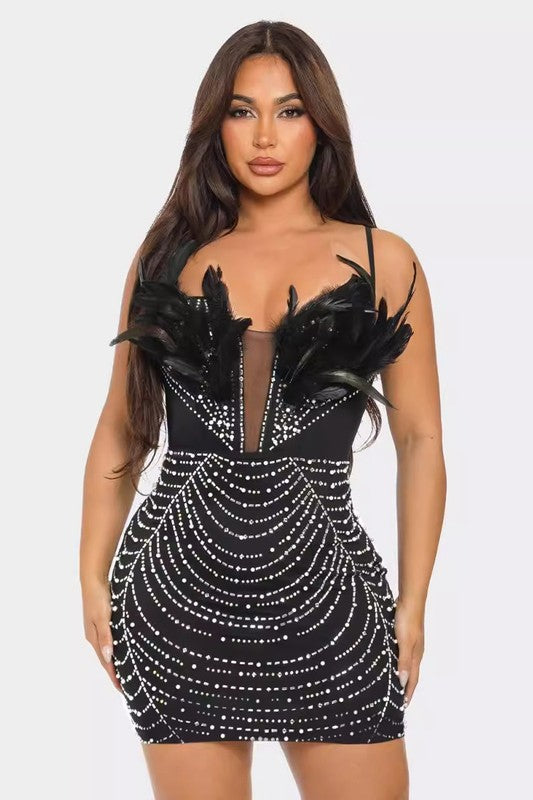 Rhinestone Night Club Feather Accent Mini Bodycon Dress